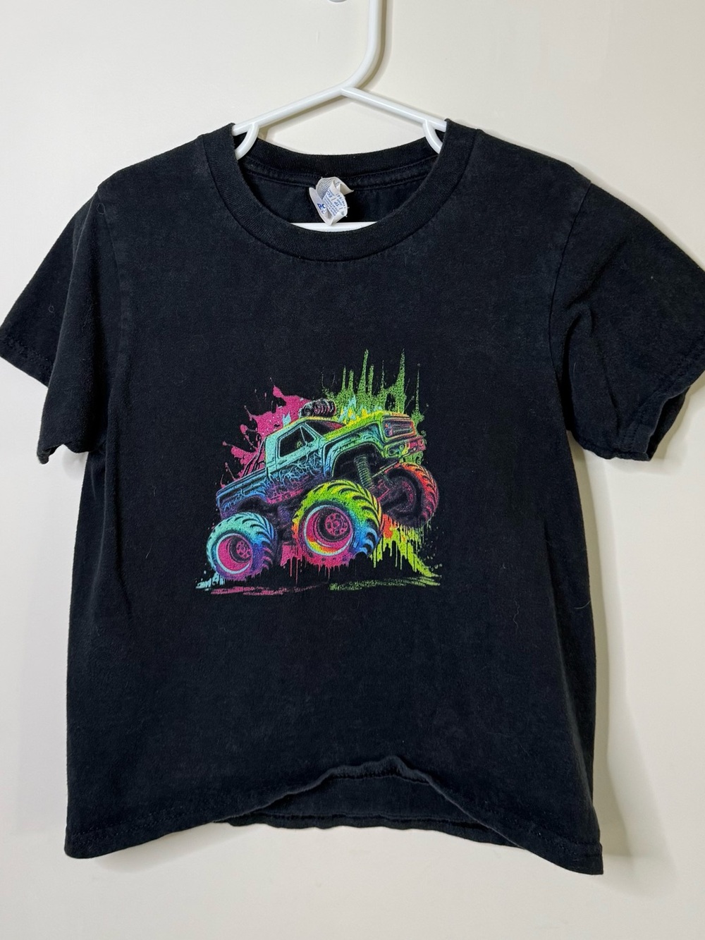 Black Kids Tee with Neon Monster Truck Graphic YXS monster jam perfect